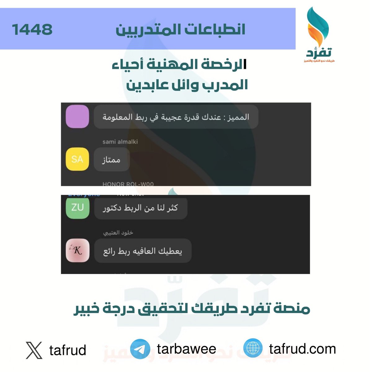 tafrud1's tweet photo. ✨ ثقة متدربينا هي دافعنا للتفوق .. 

سعداء بانطباعاتكم في #الرخصة_المهنية_أحياء وثنائكم على أسلوب الاستاذ الخبير أ. وائل عابدين المميز في ربط المفاهيم وتسهيل المعلومة .. 

مع منصة تفرد.. طريقك أسهل لتحقيق درجة "خبير" .. 

لفترة محدودة عرض اليوم الوطني 96 🇸🇦

كود خصم SA96 
كونوا معنا : 

https://t.co/r2lPJyFmkr
