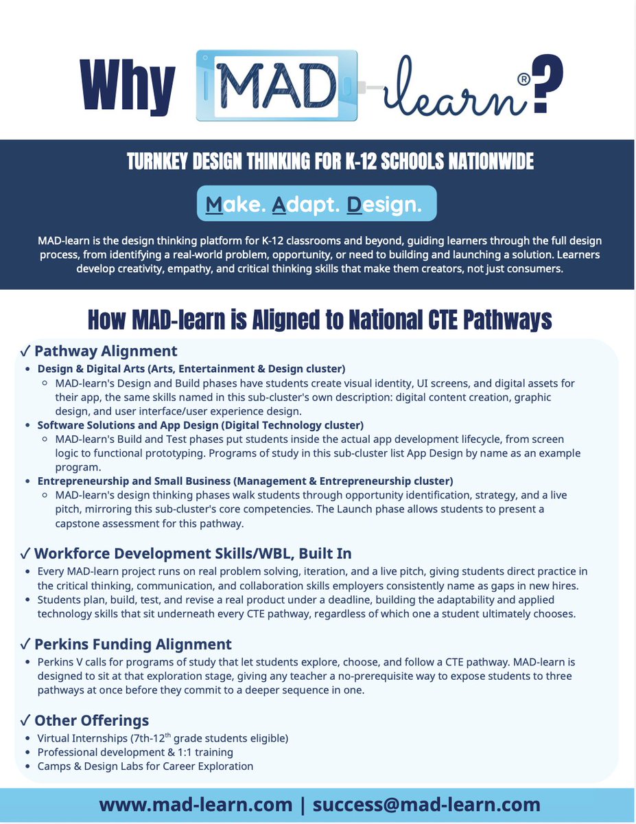 MADLearn's tweet photo. We’re at #BPCTE26! Stop by Booth #7 to explore how MAD-learn aligns with National CTE Pathways and helps students build career-ready skills through design thinking.
Have 10 minutes? Book a 1:1 with our team: https://t.co/RRhdnTR3De
#Educators #Teachers #CareerTechEd #CTE https://t.co/HbRizY8zPJ
