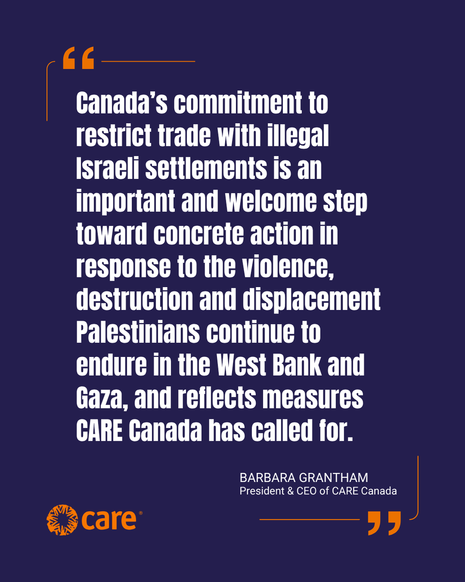 carecanada's tweet photo. CARE Canada welcomes commitments announced on September 8 by the Government of Canada, in a joint statement, to ban the trade of goods from illegal Israeli settlements in the occupied West Bank.

Read more: https://t.co/jDHzkpq7br https://t.co/rQpP62lxAF