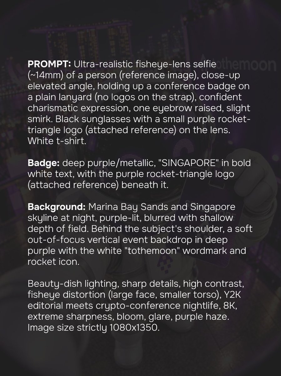 2themoon_global's tweet photo. 🚀 3 tickets to TOKEN2049 Singapore are up for grabs

Here's the move:

1️⃣ Follow us everywhere - Telegram, Instagram, and X (links in bio)
2️⃣ Generate your own Singapore look using our prompt - logo's on the last slide. Head to ChatGPT, drop in your selfie + our logo, paste the prompt, watch the magic happen :sparkles:
3️⃣ Post your creation, tag @2themoon_global, and drop #ToTheMoonSG2049 in the caption
4️⃣ Comment below and let us know you're in

That's it. 3 lucky winners walk away with a ticket to TOKEN2049 Singapore 🎟️

Winners drop on October 2 - stay tuned.
May the odds (and the algorithm) be in your favor 🌕💜

#Tothemoon #TOKEN2049 #TOKEN2049Singapore #CryptoGiveaway #CryptoCommunity