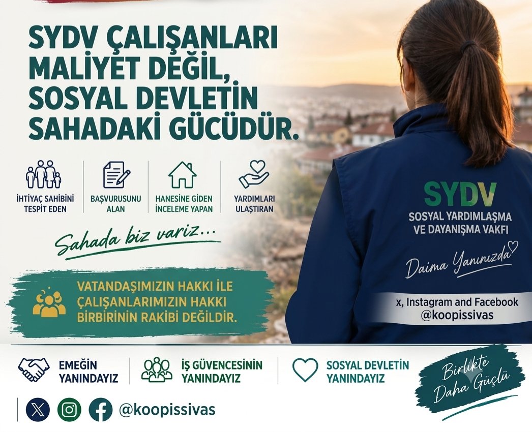 koopissivas's tweet photo. SYDV ÇALIŞANLARI MALİYET DEĞİL, SOSYAL DEVLETİN SAHADAKİ GÜCÜDÜR
SYDV çalışanları sosyal yardım bütçesinden pay alan bir maliyet unsuru değil; sosyal devletin vatandaşına ulaşmasını sağlayan hizmet zincirinin vazgeçilmez bir parçasıdır.

#SYDV
@KOOPISSENDIKASI https://t.co/5gtLjtNWmS