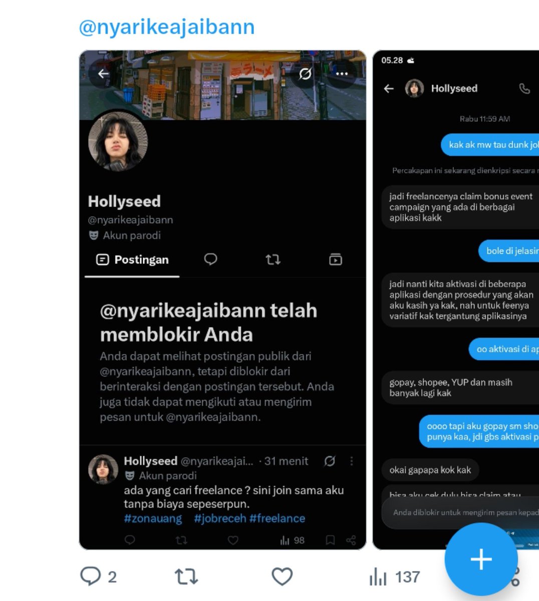 achaaaamiawwuuu's tweet photo. guys bantu up penipu freelance yang bilangnya klaim reward ternyata berakhir pinjol please nama akun nya awalnya @mencarikeajaibann sekarang munggkin uda ganti 
#zonauang #penipu #freelance https://t.co/huz2Uu9CR4