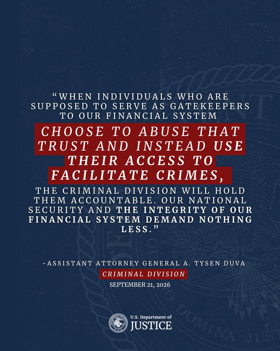DOJCrimDiv's tweet photo. Former Bank CEO Sentenced to Over 9 Years in Prison for Multimillion-Dollar Wire Fraud Conspiracy and Venezuela Sanctions Evasion Scheme

Prosecution Is Part of @HSTaskForce Initiative

“The defendant abused his position with Nodus Bank to commit fraud for his own enrichment and to willfully evade sanctions on a designated individual,” said @AAGDuva. “When individuals who are supposed to serve as gatekeepers to our financial system choose to abuse that trust and instead use their access to facilitate crimes, the Criminal Division will hold them accountable. Our national security and the integrity of our financial system demand nothing less.”

🔗: https://t.co/A7a5CsUPCP