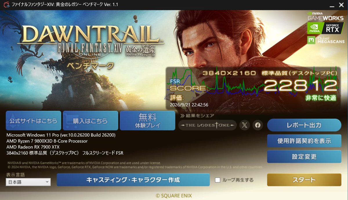 fzero3's tweet photo. おまけ。二号機の結果（FF14ベンチ4k）
世間的には5070tiの人気が高いけど、地力は7900xtx優勢よ。GPUだけで508w消費しちゃうけど。（もはや暖房）「じゃじゃ馬ほどかわいい」ってとこか。 https://t.co/h2Hb963NI2
