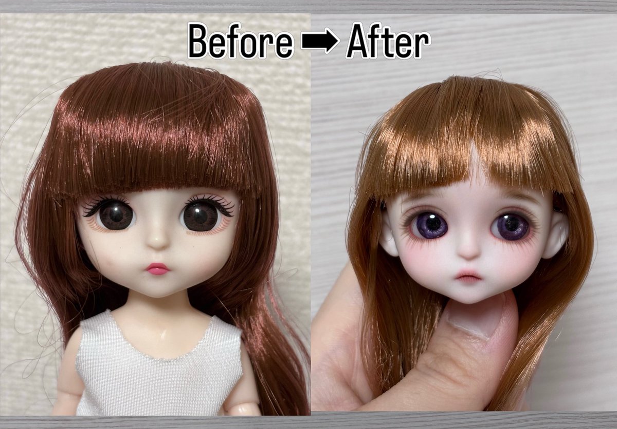 adora_bjd's tweet photo. ダイソードールカスタムしてみました^_^
付けてたプラスチックアイも虹彩作り直してパープルに(^ω^)
デフォルトメイクのせいで可愛さが隠されてると思ってたら��はり!可愛い顔してた!
#ダイソードール #daisobjd #daisodoll https://t.co/1VI1J7JJwB