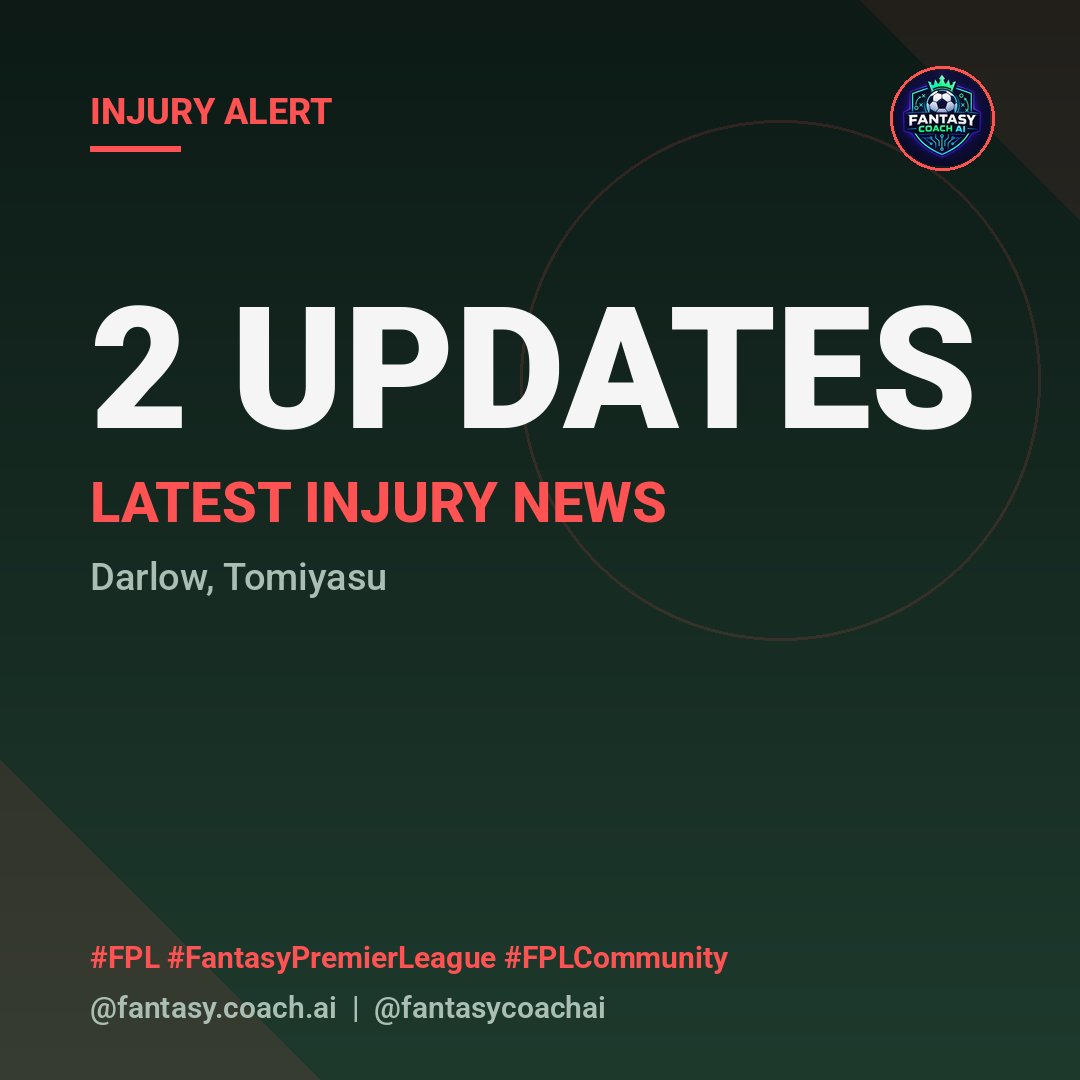 fantasycoachai's tweet photo. 🚨 INJURY UPDATES (2):

🚨 Darlow (MUN) - doubtful: "Unspecified injury - 75% chance of playing"
🚨 Tomiyasu (CRY) - doubtful: "Calf injury - 75% chance of playing"

Time for a transfer, or riding it out? #FPL #FPLFamily #PremierLeague #FPLTips

Turn on notifications to catch these as they land.