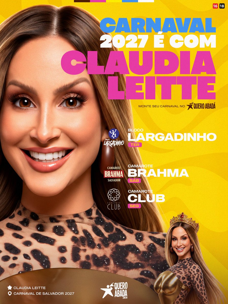 queroabada's tweet photo. 🔓 Destrava que ela vem!
Claudia Leitte já está com o Carnaval de Salvador 2027 destravado! 💥
Confira abaixo os produtos de Claudinha em nosso site:
✅ TER - Bloco Largadinho
✅ SÁB - Camarote Brahma
✅ SEG - Camarote Club
#ClaudiaLeitte #Carnaval2027 #Salvador #QueroAbadá https://t.co/MjHphcsjwT