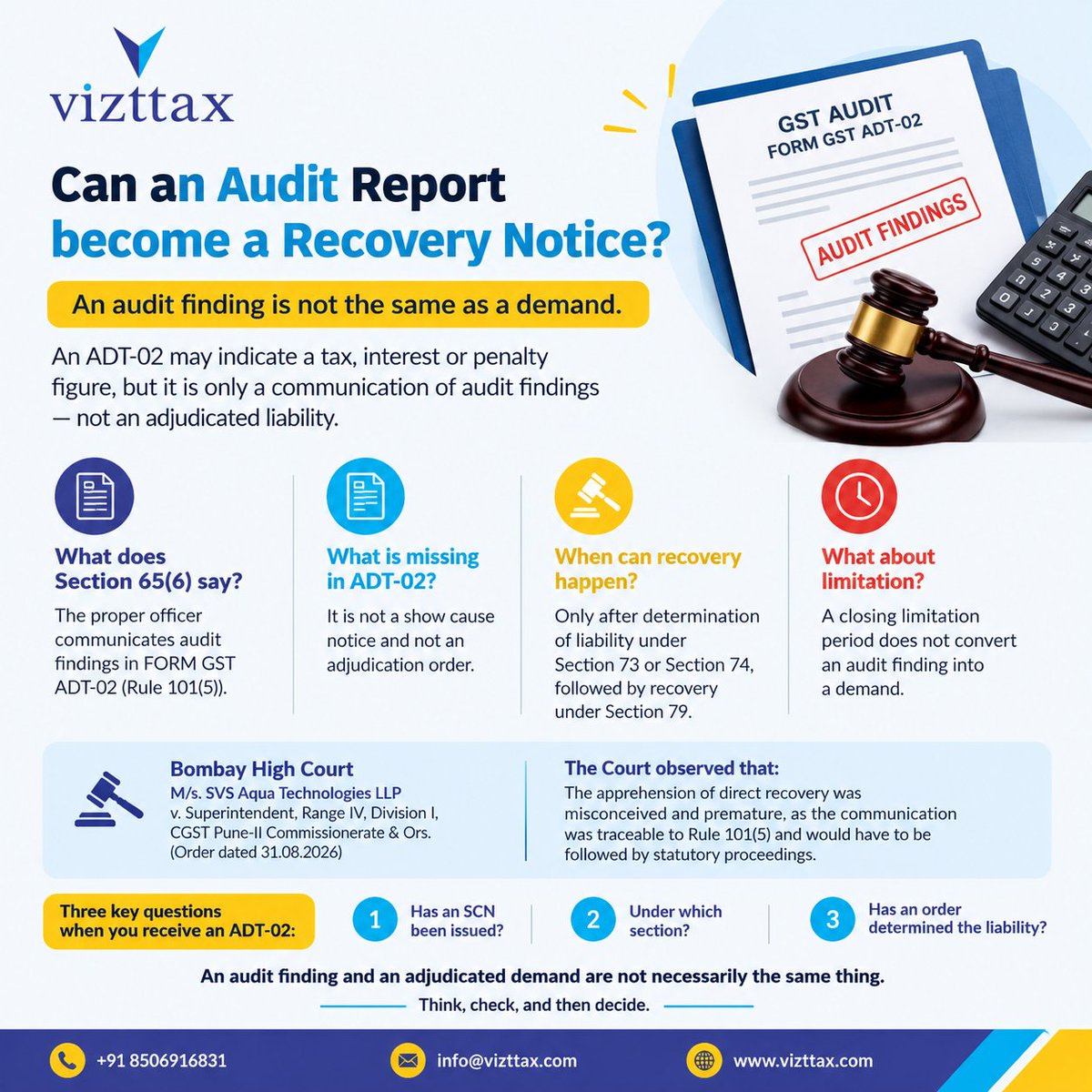 vizttax's tweet photo. Can an Audit Report become a Recovery Notice?
#GST #GSTAudit #GSTCompliance #GSTLitigation #GSTLaw #GSTNotice #ADT02 #DRC03 #GSTDemand #GSTRecovery #TaxLitigation #IndirectTax #CGSTAct #TaxCompliance #TaxAdvisory #BombayHighCourt #TaxProfessionals #IndianTaxation #Vizttax https://t.co/MjGRv6yD2Z