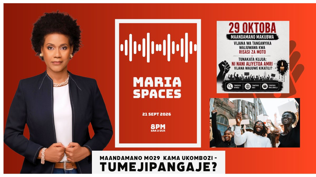 MariaSTsehai's tweet photo. Leo #MariaSpaces tunajadili: Maandamano MO29  kama Ukombozi - Tumejipangaje?
Haki ya wananchi kuandamana inatokana na kuwa mamlaka yote ya nchi yanatokana na wananchi! Tunatambua hiki na je tuko tayari kutumia mamlaka yetu kuelekea #MO29 ?
Leo saa 2 uck usikose mjadala muhimu https://t.co/yODwCiStlE