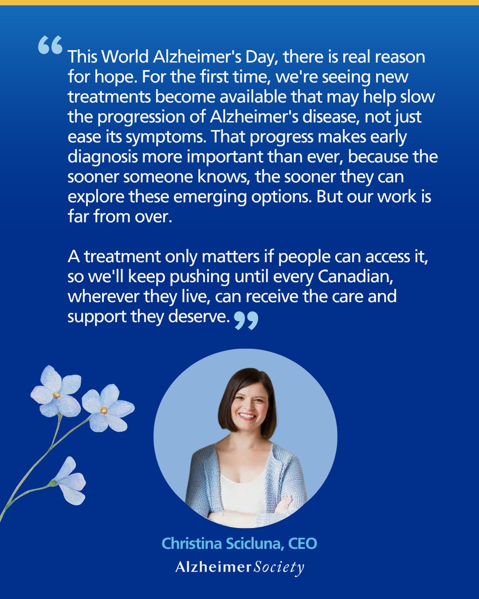 AlzCanada's tweet photo. Today is World Alzheimer’s Day. This year marks the 15th anniversary of World Alzheimer’s Month.  Alzheimer’s Disease International has released its World Alzheimer Report 2026 on clinical trials, focused on the future of dementia treatment and research. Swipe through for some of the highlights. The message is clear: a dementia diagnosis matters. At the Alzheimer Society of Canada, we believe no one should face dementia alone. Visit https://t.co/W3RBqrhFCP to learn about the support, programs, and resources available in your community. 

#WorldAlzMonth #DementiaDiagnosisMatters #EarlyDiagnosisMatters

--

Aujourd’hui, nous célébrons la Journée mondiale de l’Alzheimer Cette année, nous fêtons le 15e anniversaire du Mois mondial de la maladie d’Alzheimer. Alzheimer’s Disease International a publié son Rapport mondial Alzheimer 2026 sur les essais cliniques, qui porte sur l’avenir des traitements et de la recherche. Balayez pour découvrir les faits saillants. Le message est clair : le diagnostic des troubles neurocognitifs est crucial. Nous estimons que personne ne devrait avoir à faire face à un trouble neurocognitif dans l’isolement. Visitez https://t.co/86ekThPMc2 pour en savoir plus sur les services de soutien, les programmes et les ressources à disposition près de chez vous.

#MoisMondialAlzheimer #LeDiagnosticCompte #DiagnosticPrécoce