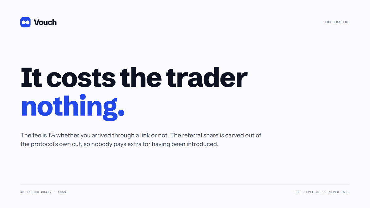 VouchSend's tweet photo. Arrived through someone's link, or didn't — the fee is 1% either way. You never pay extra for having been introduced. https://t.co/rh1mULOsB8