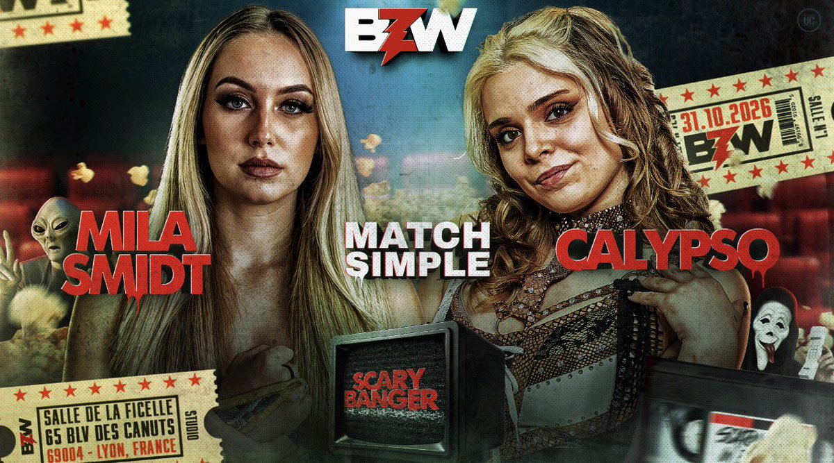 bzw_wrestling's tweet photo. 🚨BZW SCARY BANGER🍿
MILA SMIDT vs CALYPSO
Mila Smidt enchaîne les victoires dans la Zone et commence sérieusement à en faire son terrain de chasse💥
Ce 31 octobre à Lyon, Calypso arrive avec quelque chose à prouver❗️
Une victoire pourrait complètement changer sa place à BZW https://t.co/4ZFEjZJaaB