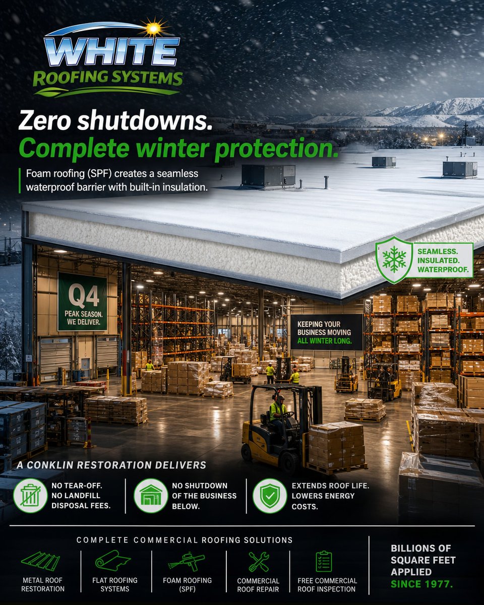 whiterfgsystems's tweet photo. Winter is trying to freeze your Q4 profits. Let it try. Our seamless SPF foam roofing means your warehouse operations don't miss a single beat, even in a blizzard. Zero tear-offs. Zero shutdowns. Just complete protection.
https://t.co/zWEHtM2BSX
#CommercialRoofing #Facโฆ https://t.co/2S88xGQRNb