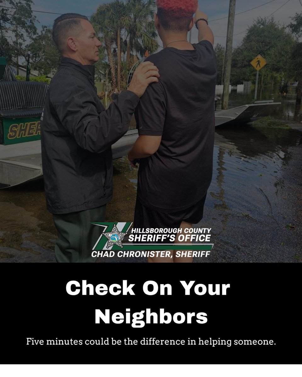 HCSOSheriff's tweet photo. Five minutes can make all the difference in helping someone.
Before a storm hits, check on your neighbors. Knock on a door. Make a call. Ask if they have what they need.
A little kindness goes a long way. https://t.co/LWEORBkhB5