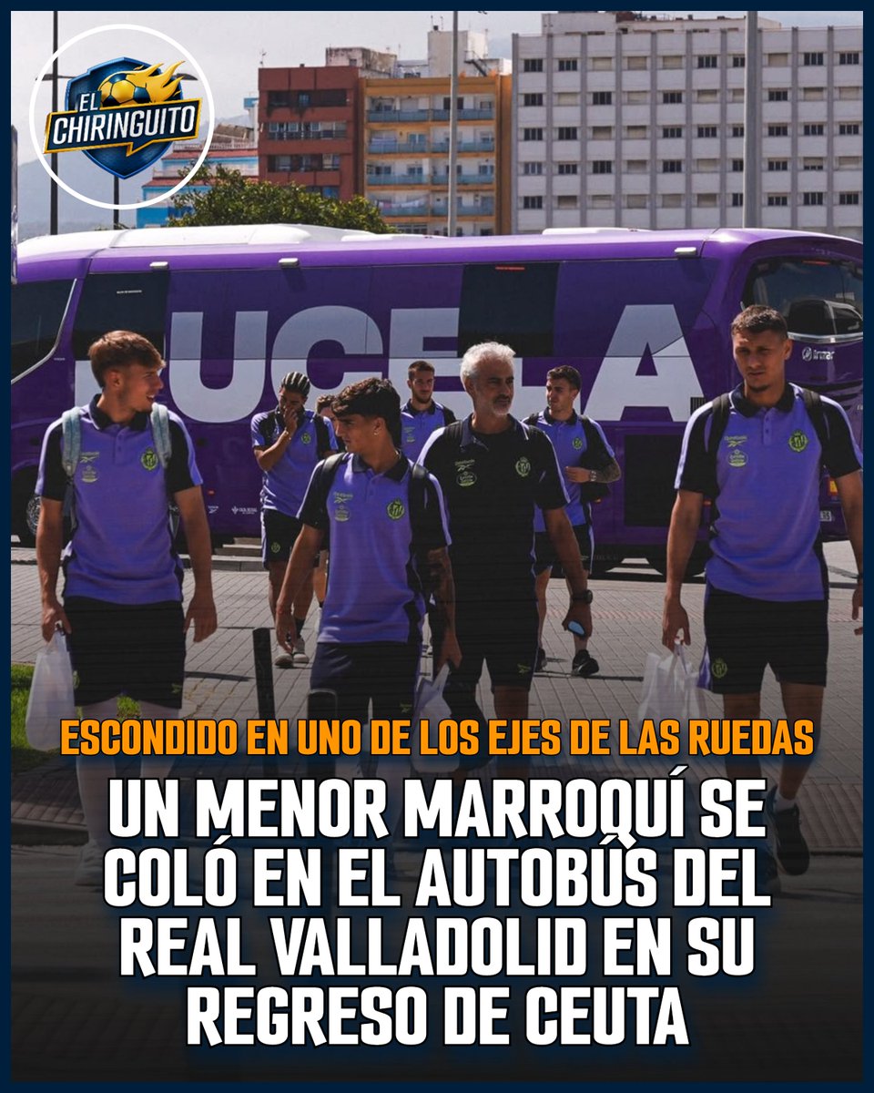 elchiringuitotv's tweet photo. 🇲🇦 Un menor marroquí se coló en el autobús del Real Valladolid en su regreso de Ceuta.

👉 El joven cruzó el estrecho escondido en el eje de las ruedas. 

➡️ Las autoridades revisaron el vehículo antes de subir al ferry y no detectaron nada. https://t.co/9hw42mqQQe