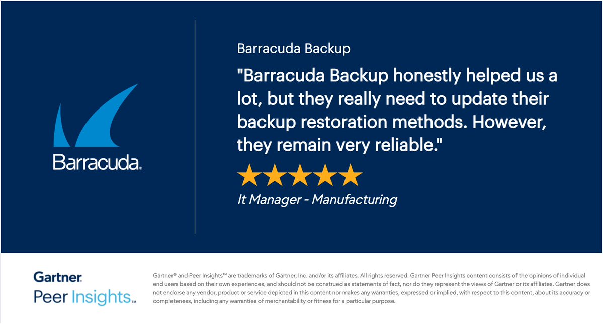 BarracudaMSP's tweet photo. Surveyor in the Construction Industry gives Barracuda Backup 5/5 Rating in Gartner Peer Insights™ Cloud Computing Market. Read the full review here: https://t.co/3Bo0NHY6vQ 

#BarracudaONEplatform #gartnerpeerinsights #cybersecurity https://t.co/TMQiRberKv