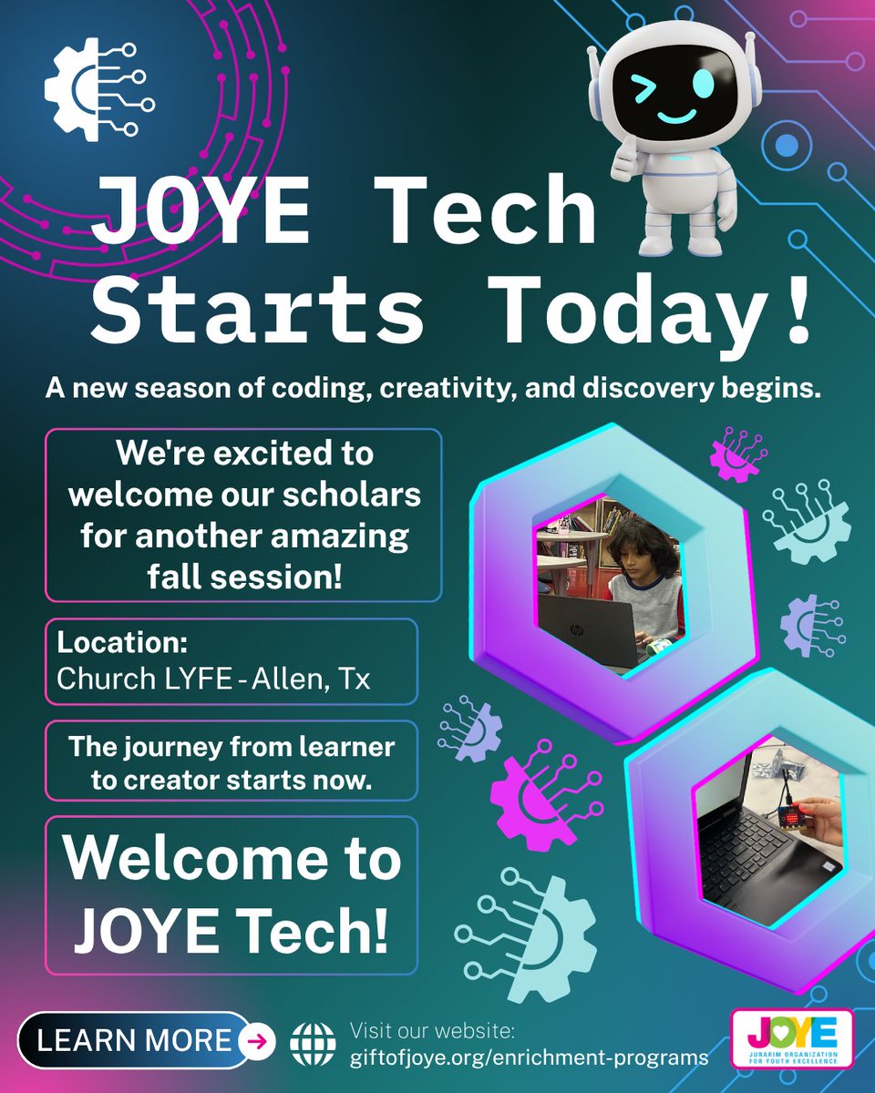 giftofjoye's tweet photo. Today’s the day — JOYE Tech is HERE! 💻🎉 Our afterschool coding camp kicks off tonight, 5:30–7PM at Church Lyfe Allen, ages 8–12. Here’s to a season of building, creating &amp; discovering. Join us: https://t.co/FRoVdPCmBH #JOYETech #CodingForKids #STEM https://t.co/aMtUSSZHgr