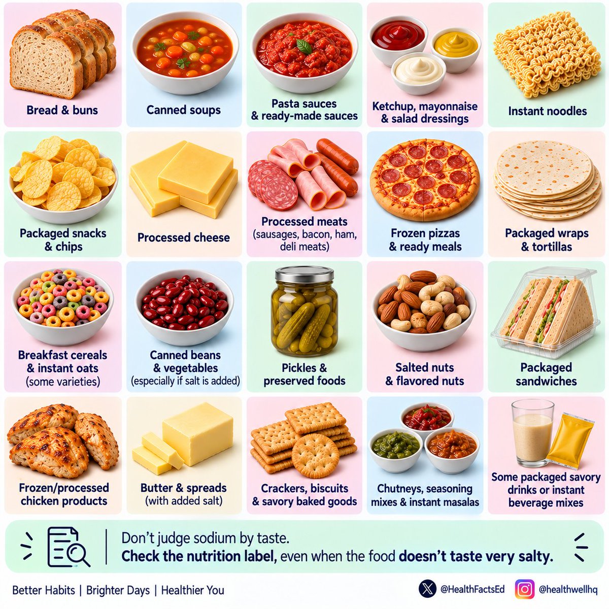 HealthFactsEd's tweet photo. People don't realize how much sodium can hide in plain sight.

Food can taste perfectly normal and still contain a lot of sodium.

Think bread, sauces, packaged snacks, instant foods and processed meats.

Don't judge sodium by taste.

Check the nutrition label. https://t.co/Ys9YHP9cPA
