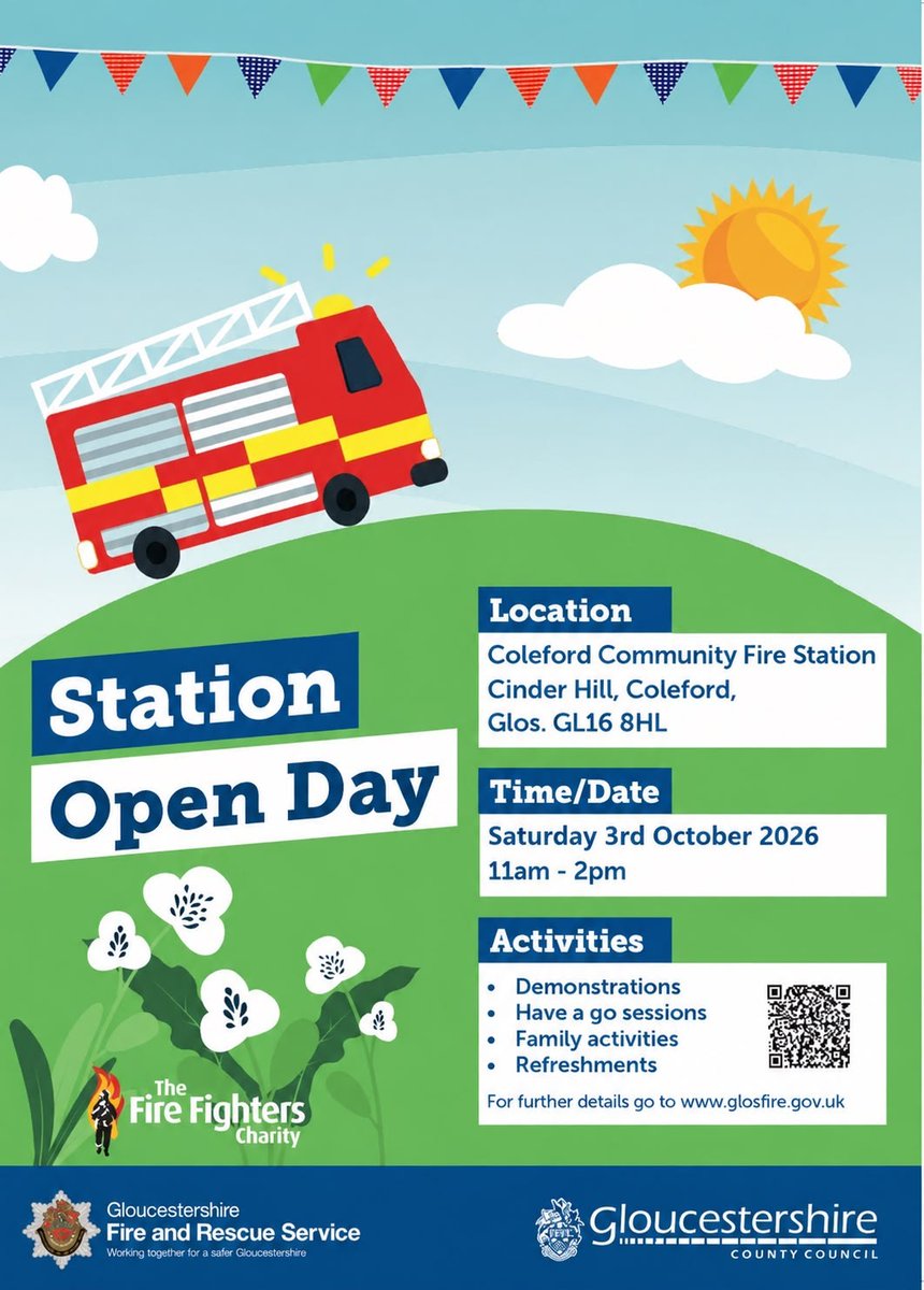 cartoon drawing of a fire engine with details of station open day