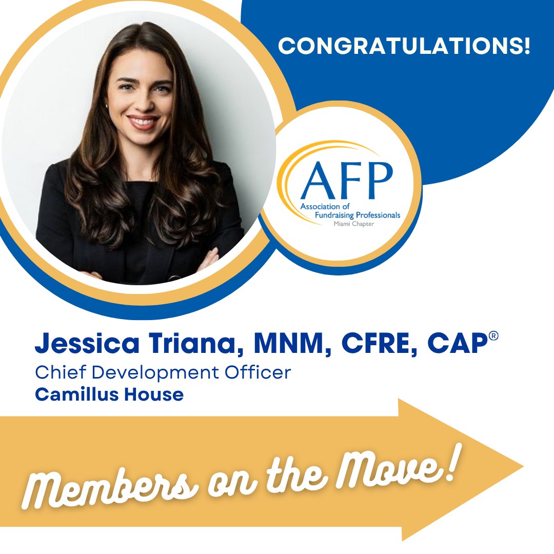 AFPMiami's tweet photo. Congratulations to our AFP Miami Board Member, Jessica Triana, MNM, CFRE, CAP®, on her promotion to Chief Development Officer at the Camillus House.

#AFPMiami #MemberMonday #MemberontheMove #CamillusHouse #Congrats https://t.co/Cn206oIRm0