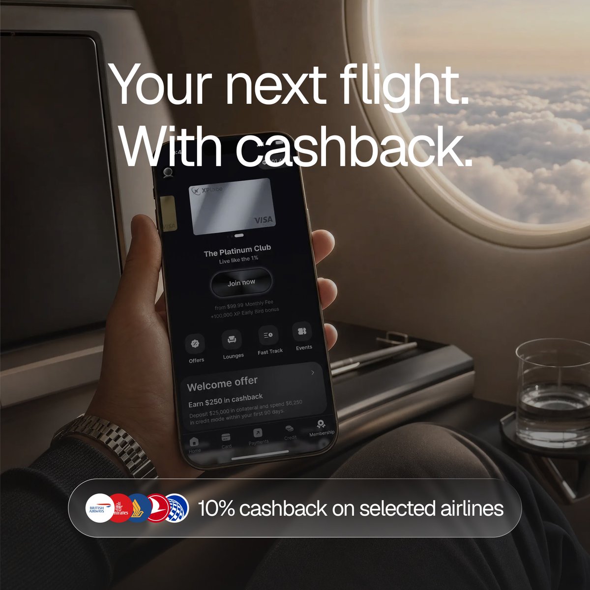 xplaceapp's tweet photo. ✈️ Your next flight comes with a Platinum perk.

British Airways, Cathay Pacific, Emirates, Singapore Airlines, Turkish Airlines and United.

Book your next flight with XPlace Platinum in Credit Mode and get 10% cashback. https://t.co/cNfk3oBzuw