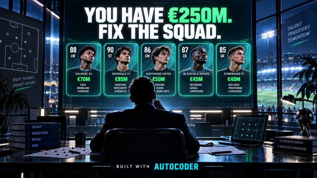 XxCrystalxxo's tweet photo. You have €250M and one transfer window to rebuild a struggling club.
Do you sign a superstar—or strengthen the entire squad?
I built an interactive football challenge with Autocoder. Make every deal and discover your director rating ⚽
Play: https://t.co/nn8090MFzQ
#VibeCoding https://t.co/Pz93XdQeAH