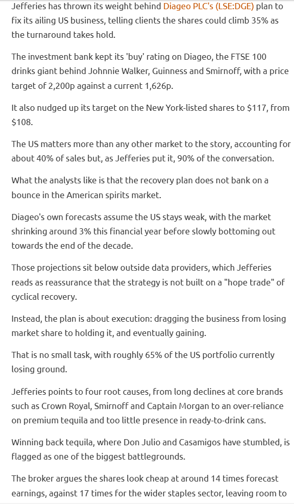 entrustTMF's tweet photo. #DGE Diageo's turnaround plans could help stock rerating, says leading US bank
The investment bank kept its 'buy' rating on Diageo, the FTSE 100 drinks giant behind Johnnie Walker, Guinness and Smirnoff, with a PT of 2,200 against a current 1,626
https://t.co/jRhkh2oN3e https://t.co/HTYlU62hyu