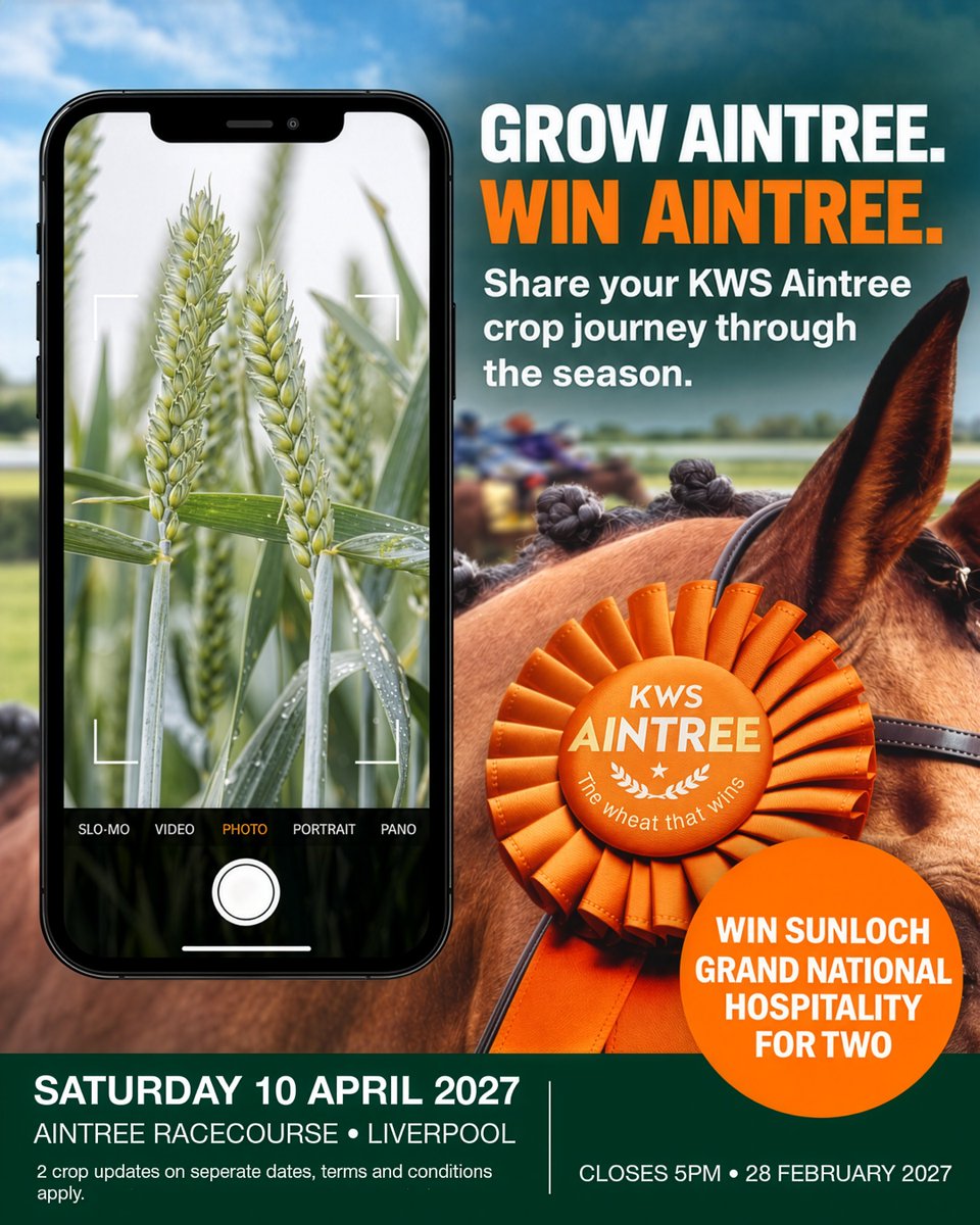 KWSUKLtd's tweet photo. 🏇 GROW AINTREE. WIN AINTREE.

Growing KWS Aintree? Send 2 crop updates on separate dates for a chance to win Grand National hospitality for 2 on 10 April 2027.

Closes 5pm, 28 Feb. UK 18+. Winner must provide proof of seed purchase within 7 days. Enter: https://t.co/HUHvHPeytG https://t.co/19vSxhovmz