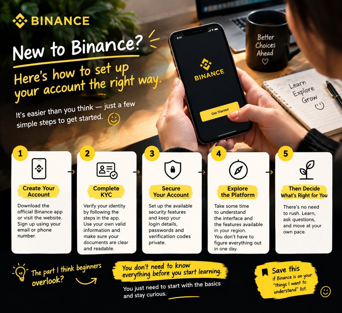 formanite601's tweet photo. Crypto can look complicated from the outside. Your first few steps don’t have to be. 👇

If you’re setting up Binance for the first time, here’s the simple version:

🔹 Create your account — use the official Binance app/site.

🔹 Verify your identity — complete KYC with your own valid details and clear documents.

🔹 Secure it — review your security settings and never share passwords or verification codes. 

🔹 Explore first — take some time to understand the interface and the features available in your region.

🔹 Then decide what’s right for you — there’s no need to rush into anything.

The part I think beginners overlook?

You don’t need to know everything before you start learning. You just need to start with the basics and stay curious.

Save this if Binance is on your “things I want to understand” list. 

Start your journey here: https://t.co/uPbOpmV7Kc

#Binance #BinanceAcademy
#LearnWithBinance
