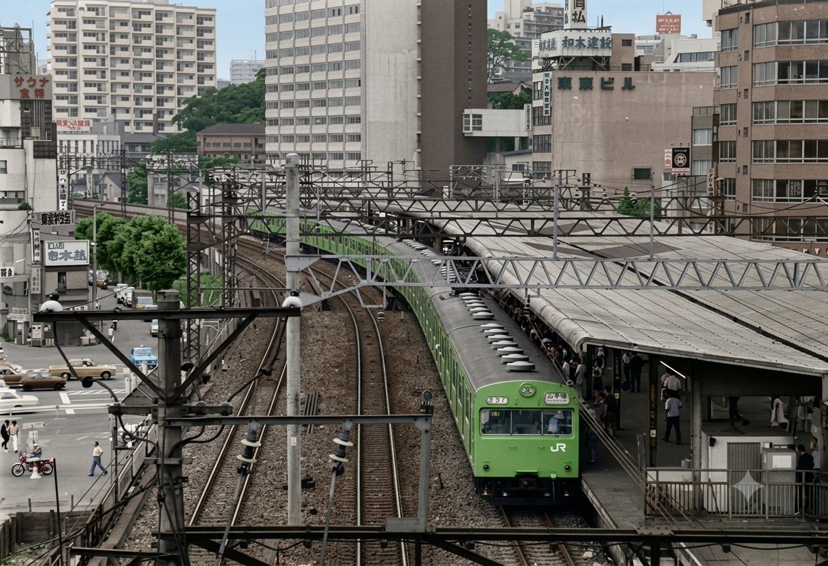 40BK32407's tweet photo. 撮影者不明の所属モノクロネガをAIでカラー化！！今回は五反田駅に到着した山手線です。池上線ホームからと駅前から撮影されたカットですが、なかなか良い感じにカラー化してくれました。

しかし3枚目の103系の前面には余計なマークが😵 消そうとしたら何故か京浜急行になってしまいました・・😱 https://t.co/TsU4CsMRwZ