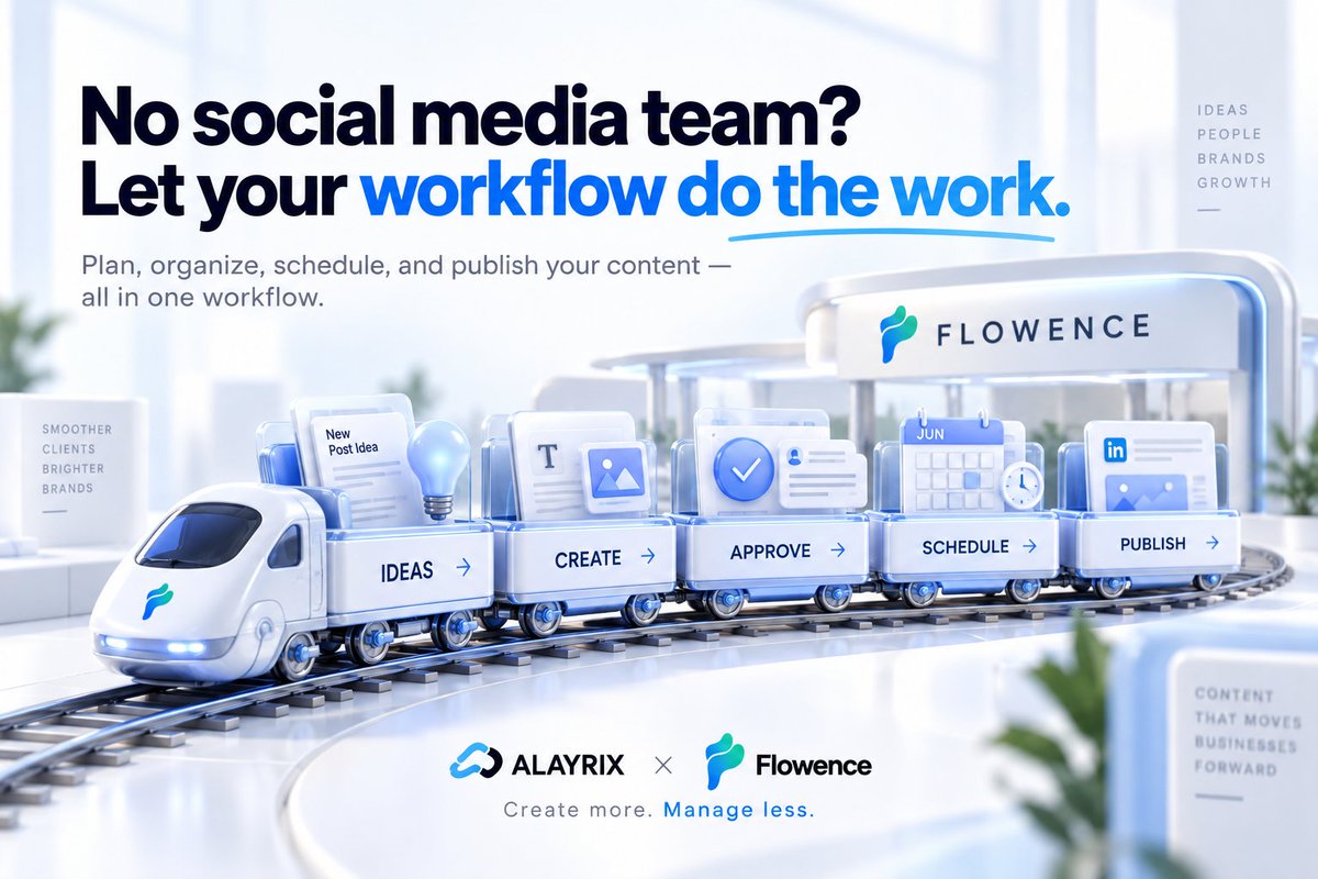 teamalayrix's tweet photo. No social media team? No problem.  
Plan → organize → approve → schedule → publish.  Keep your entire content workflow moving with Flowence.  
Alayrix × Flowence 
Create more. Manage less.  #ContentManagement #ContentWorkflow #Flowence #Alayrix https://t.co/yoH7zztqhB