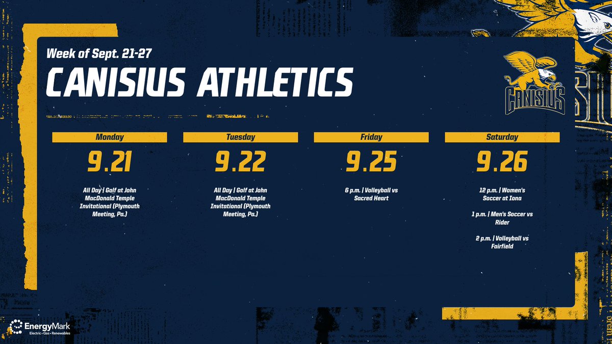 GoGriffs's tweet photo. A trip to the Keystone State for @GriffsGolf, the start of Metro Conference play for @GriffVolleyball and conference contests for @CanisiusWSOC and @GriffsSoccer make up This Week in Canisius Athletics 

@EnergyMark | #Griffs https://t.co/vPxDAvkHEq