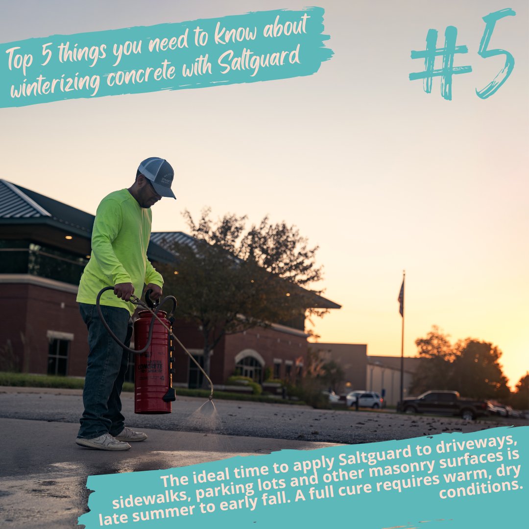 PROSOCO's tweet photo. The 5th thing to know about weatherproofing concrete (and other masonry surfaces): Don't wait until winter to winterize! The time to protect surfaces from the damaging effects of winter is late summer to early fall when temps are between 40-90 F. Protect now. Worry less later! https://t.co/f0oFRqfqI5
