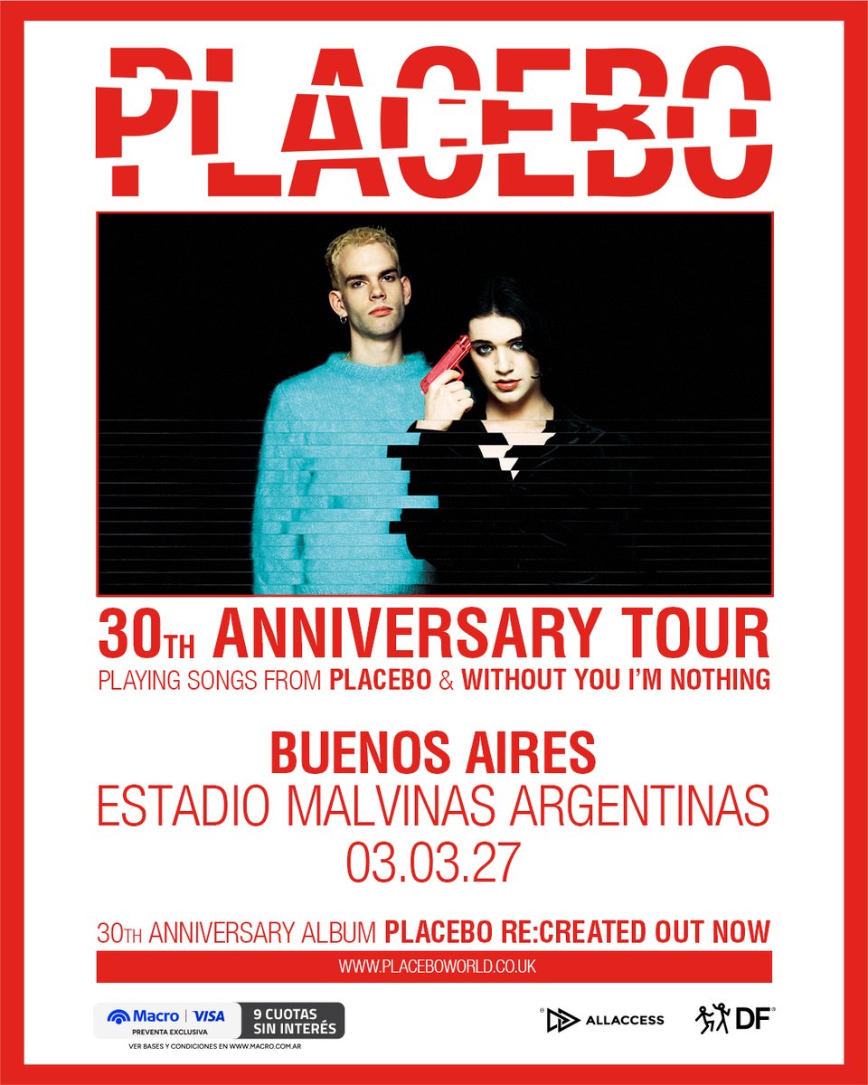 RecitArg's tweet photo. Placebo regresa a Argentina con su gira 30 Aniversario!

La banda liderada por Brian Molko llegará por sexta vez a nuestro país con motivo de su 30th Anniversary Tour. Gira en la que hacen foco en sus dos primeros discos: Placebo y Without You I'm Nothing de 1996 y 1998 respectivamente.

📅 3 de Marzo
🏟️ Estadio Malvinas Argentinas
🎟️ Entradas a la venta en https://t.co/K9GpUlGwZT

💳 Preventa Visa Macro el 23 de septiembre a las 12:00
👉🏻 Venta General desde el 24 de septiembre a las 12:00