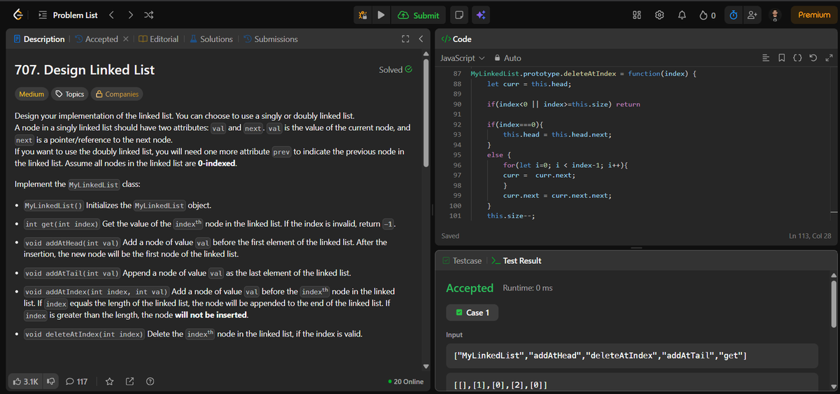 afraar_99's tweet photo. Completed LeetCode 707: Design Linked List 🔗
Loved going deeper into how Linked Lists work under the hood: nodes, references, traversal, insertion and deletion. Simple concept, but really interesting once you see the mechanics behind it.

DSA journey continues.🚀 
#LeetCode #DSA https://t.co/T6aBbuwNfh