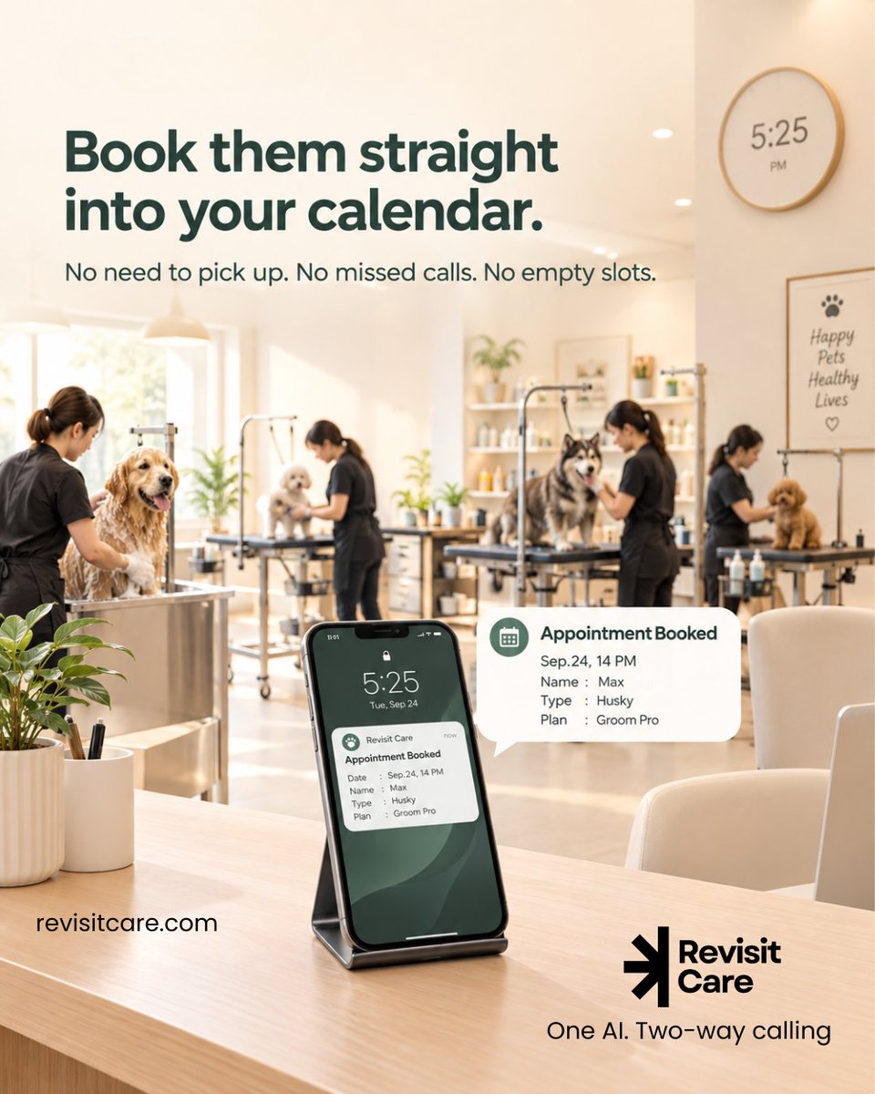 RevisitCare's tweet photo. Every Ring Is a Chance to Care.

🕰️ No hold times.
📞 No missed calls.
✅ No missed slots.

Book a free demo today.

https://t.co/xvSSwrMp5N

#PetGrooming #PetSalon #GroomingBusiness #PetBusiness #AIVoiceAgent #AIReceptionist #PetTech #RevisitCare https://t.co/ocyj9HMm1c
