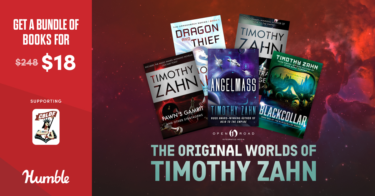 humble's tweet photo. Last call on the Original Worlds of Timothy Zahn book bundle and sci-fi reads like:

- Dragon and Thief
- The Blackcollar
- Night Train to Rigel
- and more! Supports @CBLDF | https://t.co/Zeq0KstJ8d https://t.co/NXKkGGyKNm