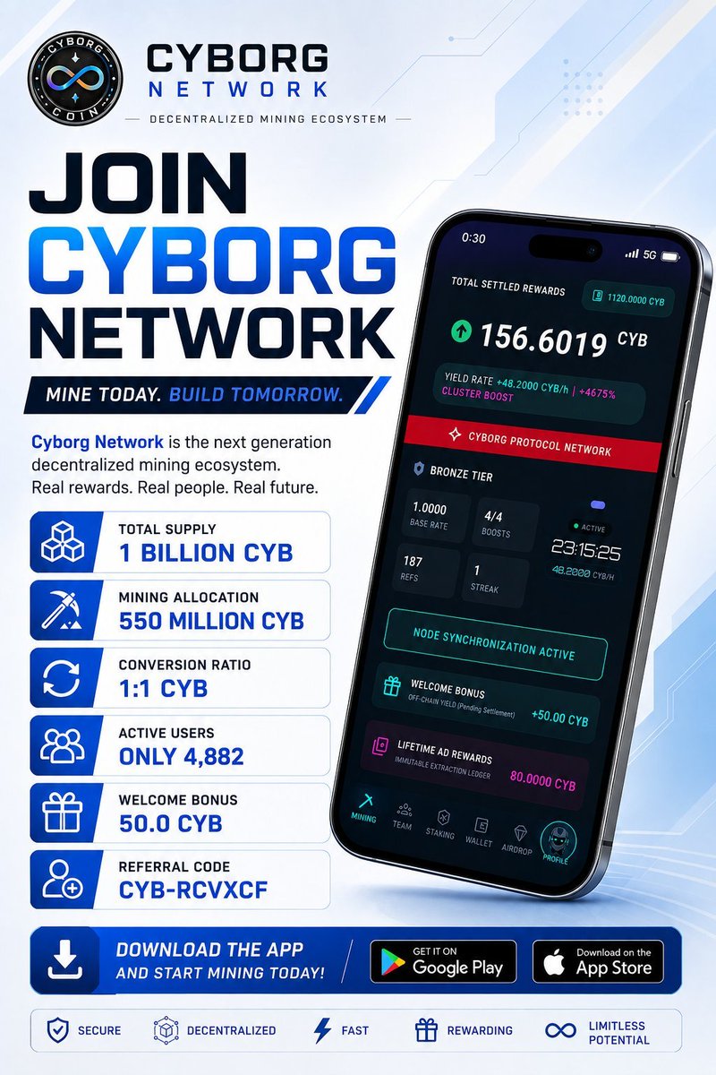 Earl011289's tweet photo. 🚀 JOIN CYBORG NETWORK 

💎 Total Supply: 1 Billion CYB
📦 Mining Allocation: 550 Million CYB
🔄 Conversion Ratio: 1:1 CYB
🎁 Welcome Bonus: 50.0 CYB

🔑 Ref Code:  CYB-RCVXCF

📲 Download👇
https://t.co/MnoHufeQrq

👉Use same email for registration &amp; YouTube - easy verification https://t.co/qzSEmhELGk