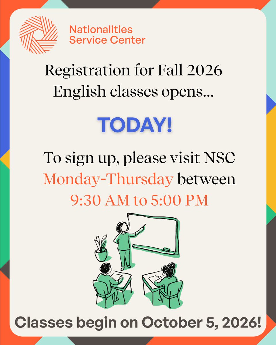 NSCPhila's tweet photo. Registration for NSC’s Fall 2026 English classes opens TODAY! 🍂

Adults of all skill levels can strengthen their English and build confidence through supportive, in-person classes beginning October 5!

For more information, please visit: https://t.co/XJ7AzAN6ay https://t.co/zpEziqG8cA