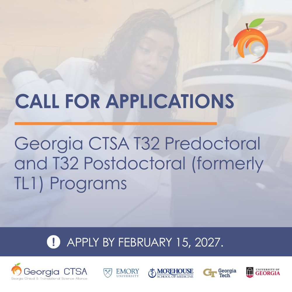 Georgia_CTSA's tweet photo. 📢Applications are NOW open for our T32 Predoctoral and T32 Postdoctoral Programs (formerly the TL1 program)! 

🗓️Interested in applying? Attend our T32 Application Workshop on October 29: https://t.co/73Wia1KchR

More info ➡️https://t.co/Fr3iGYpltr https://t.co/79l4dI2Zlr