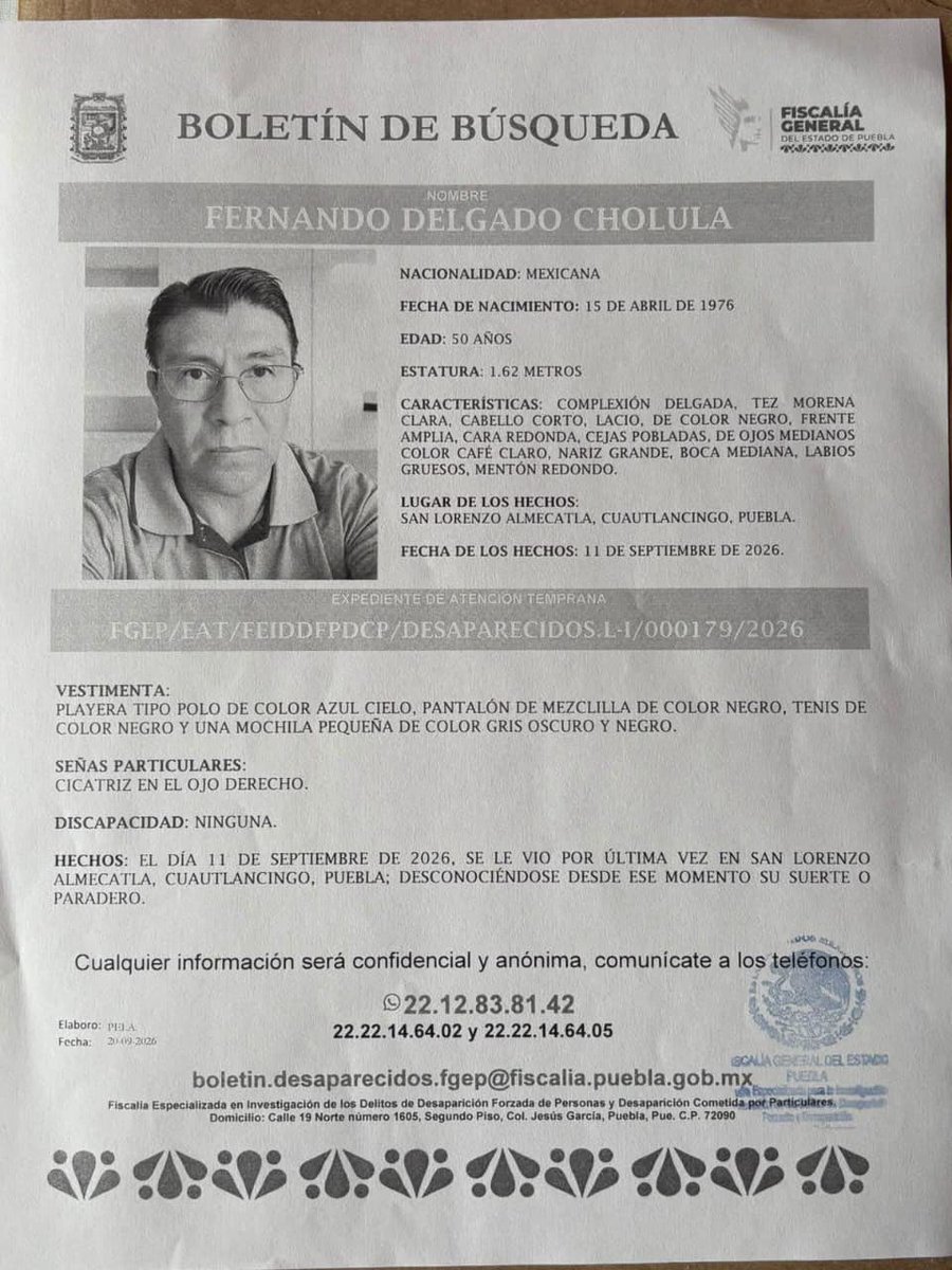 pluralmedia_mx's tweet photo. ‼️Ayúdanos a encontrar a Fernando Delgado Cholula, desaparecidos desde el 11 de septiembre‼️

Fue visto por última vez en San Lorenzo Almecatla, Cuautlancingo.

Cualquier información sobre su paradero compartirla a los números 22 12 83 81 42, al 22 22 14 64 02 o al 22 22 14 64 05 https://t.co/HYCWH3HWVv