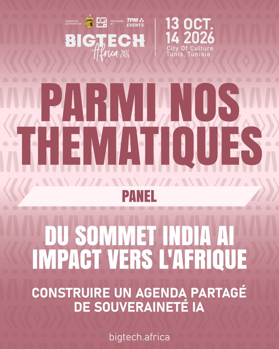 SALLAlioune20's tweet photo. J’ai le plaisir de participer à la 3ᵉ édition de BIGTECH Africa, les 13 et 14 octobre 2026 à Tunis, un rendez-vous majeur consacré aux transformations technologiques qui façonnent l’avenir de notre continent.

La transformation numérique de l’Afrique ne se résume pas à l’adoption de nouvelles technologies. Elle soulève des enjeux stratégiques essentiels : souveraineté numérique, infrastructures, intelligence artificielle, innovation, cybersécurité, compétences et inclusion.

Notre responsabilité collective est de faire du numérique un véritable levier de développement, de compétitivité et de progrès pour nos populations et nos territoires.

Je suis heureux de prendre part à cet espace de dialogue et de réflexion, aux côtés de nombreux acteurs africains et internationaux, pour partager des expériences, confronter les idées et surtout construire des synergies concrètes pour l’avenir numérique de l’Afrique.

Rendez-vous à Tunis pour poursuivre ensemble cette réflexion et faire émerger les solutions dont notre continent a besoin.

🎟️ Inscrivez-vous dès maintenant : https://t.co/tMvkVFVetJ
📅 13 & 14 octobre 2026
📍 Cité de la Culture, Tunis

#BIGTECHAfrica #AfricaTech #DigitalTransformation #Innovation #ArtificialIntelligence #DigitalSovereignty #Africa