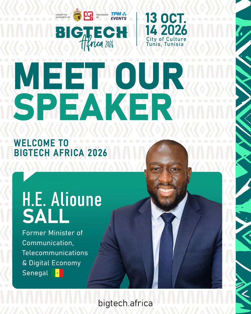 SALLAlioune20's tweet photo. J’ai le plaisir de participer à la 3ᵉ édition de BIGTECH Africa, les 13 et 14 octobre 2026 à Tunis, un rendez-vous majeur consacré aux transformations technologiques qui façonnent l’avenir de notre continent.

La transformation numérique de l’Afrique ne se résume pas à l’adoption de nouvelles technologies. Elle soulève des enjeux stratégiques essentiels : souveraineté numérique, infrastructures, intelligence artificielle, innovation, cybersécurité, compétences et inclusion.

Notre responsabilité collective est de faire du numérique un véritable levier de développement, de compétitivité et de progrès pour nos populations et nos territoires.

Je suis heureux de prendre part à cet espace de dialogue et de réflexion, aux côtés de nombreux acteurs africains et internationaux, pour partager des expériences, confronter les idées et surtout construire des synergies concrètes pour l’avenir numérique de l’Afrique.

Rendez-vous à Tunis pour poursuivre ensemble cette réflexion et faire émerger les solutions dont notre continent a besoin.

🎟️ Inscrivez-vous dès maintenant : https://t.co/tMvkVFVetJ
📅 13 & 14 octobre 2026
📍 Cité de la Culture, Tunis

#BIGTECHAfrica #AfricaTech #DigitalTransformation #Innovation #ArtificialIntelligence #DigitalSovereignty #Africa