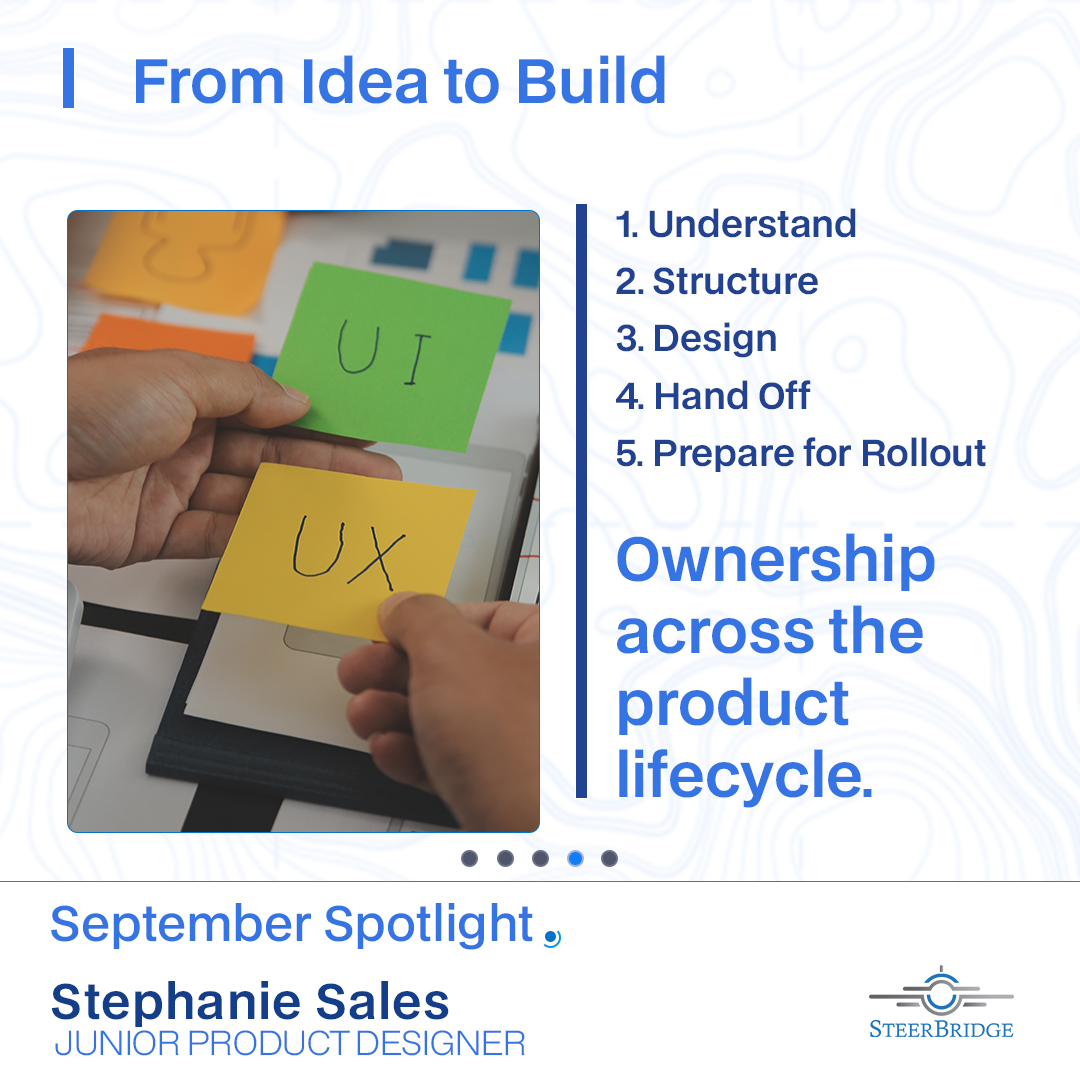 steerbridge's tweet photo. Complex systems get easier to use when someone takes the time to design around the people doing the work.

Stephanie Sales, Junior Product Designer at SteerBridge, helps turn evolving requirements and user needs into clear product direction teams can actually build from.

Her work on an Aviation Readiness Platform Learning Resource Center shows what that looks like in practice, from research and information architecture through prototyping, engineering handoff, content development, and rollout preparation.

Her path to SteerBridge came through the military-connected community and @hiringourheroes. What she’s built since then is a story of growing responsibility, continued learning, and ownership of increasingly complex work.

Opportunity can open the door. Ownership builds what comes next.

Read the full spotlight: https://t.co/xkOHTAeCYZ

#SteerBridge #ProductDesign #UXDesign #MilitarySpouse #HiringOurHeroes