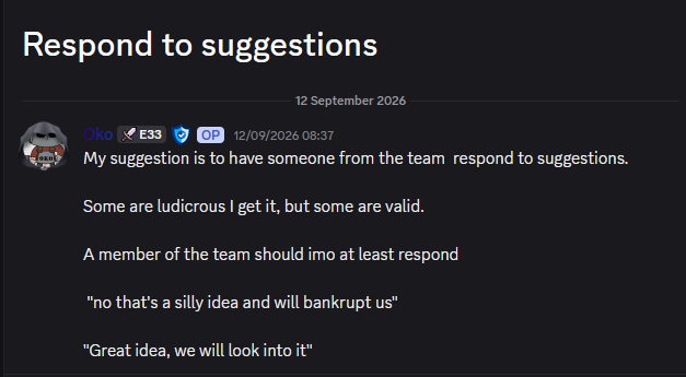 OkoTrading's tweet photo. What's the point of a prop firm having a suggestions section in discord if they don't respond to any of them.

I even created a suggestion 9days ago that they should perhaps look at them, crickets. https://t.co/qpSJ0FhJqf