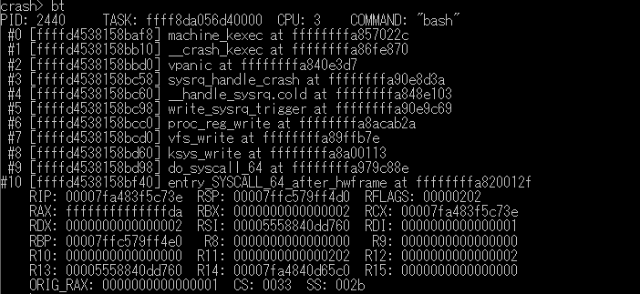 _hiro_network's tweet photo. Linux初心者なんでダンプ解析やってみる

意図的にカーネルパニックさせる方法を試してみた
・echo c > /proc/sysrq-trigger

一旦、crashコマンドのbt実行
う～ん...vpanic直前のsysrq_handle_crashをより探求すればよいのか...

ムズイ https://t.co/MkZJ6mrP43