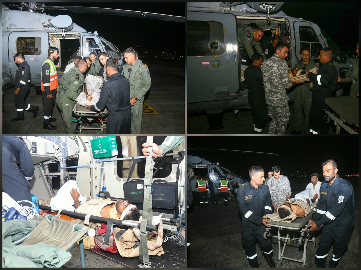 AN_Command's tweet photo. Joint Ops | Integrated Sea-Air Medical Evacuation

On receipt of information from #MRCC #SriVijayaPuram, #ANC swiftly coordinated a challenging #MedicalEvacuation during the intervening night of 20–21 Sep 26, involving a 36-year-old #Bangladeshi national onboard merchant vessel #AMRIS, who sustained severe head & spinal injuries following a fall onboard.

Despite rough seas and darkness, an Indian Coast Guard ship reached the merchant vessel, safely embarked the injured crew member and transported him to #Diglipur Harbour. In a seamless continuation of the coordinated response, an Indian Navy #ALH airlifted the casualty to #SriVijayaPuram around midnight, braving extremely adverse weather conditions, enabling timely medical intervention.

The casualty was subsequently shifted to #GBPantHospital for further medical care.

The seamless sea-air response by #ANC underscores its unwavering commitment to #MaritimeSafety and #SavingLivesAtSea.

#MEDEVAC #IndianCoastGuard #IndianNavy 
#JointOps #HADR #HumanitarianAssistance