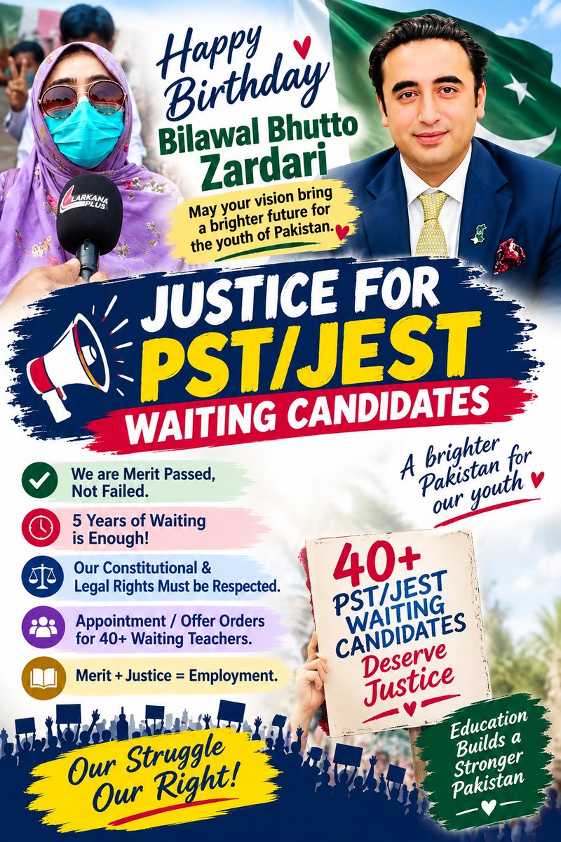 mariamabbasi111's tweet photo. Happy Birthday to Bilawal Bhutto Zardari Sb! On this special day, we humbly request your immediate intervention to grant appointment letters to the merit-passed IBA PST and JEST 40+ waiting candidates across Sindh.
@BBhuttoZardari
#LarkanaCamp
#40PlusPSTJEST
#WaitingCandidates https://t.co/RXbDm70Zho