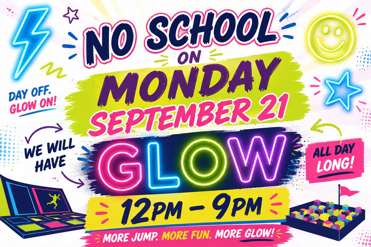 SkyZoneMIAMI's tweet photo. No School today! 🤸‍♂️ Join us for All Day Glow from 12pm-9pm ✨ Guests, don’t forget your SkySocks®! #SkyZone #FamilyFun #GlowParty https://t.co/pFuSI17sWx