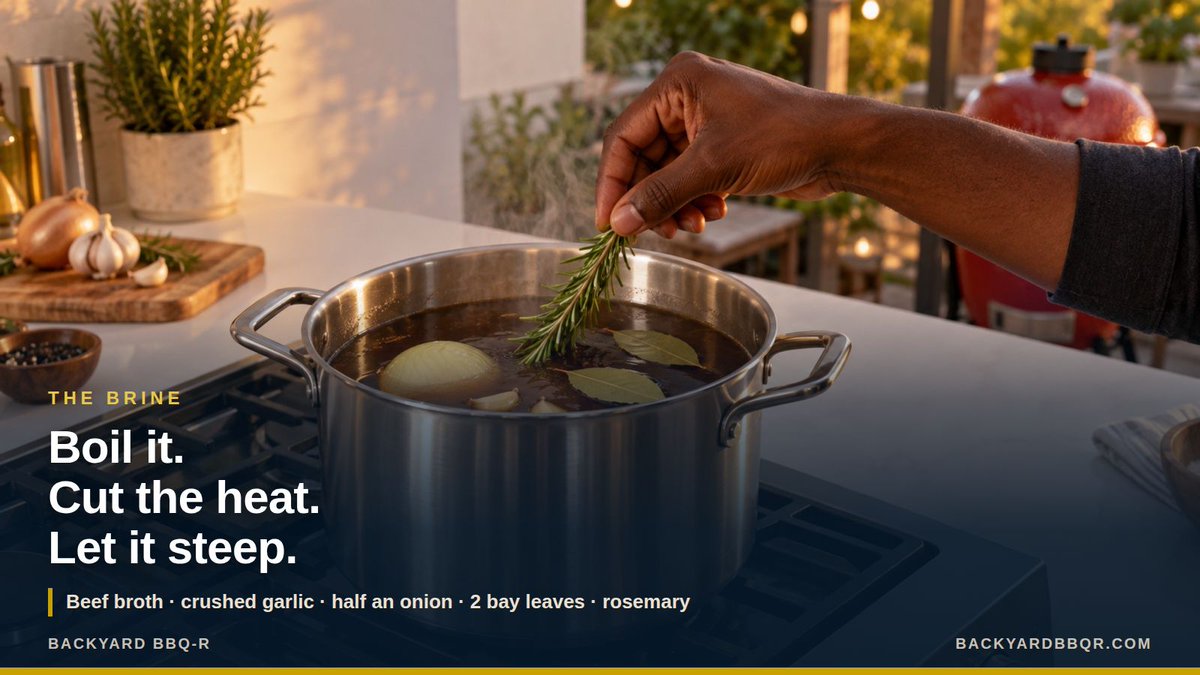 BackyardBBQr's tweet photo. The brine: beef broth, crushed garlic, half an onion, two bay leaves, a little rosemary. Boil it, cut the heat, let it steep. Fifteen minutes.

#BackyardBBQR #PotRoast #BBQTips https://t.co/O8f6mckfVd